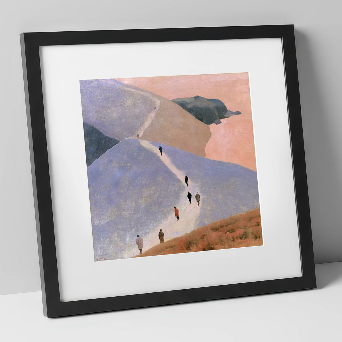 Walkers Ascending the Lavender Fells lake district walking art print in black frame