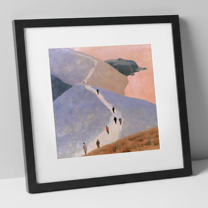 Walkers Ascending the Lavender Fells lake district walking art print in black frame