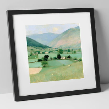 Patchwork Fields Beneath Hazy Fells lake district valley art print in black frame