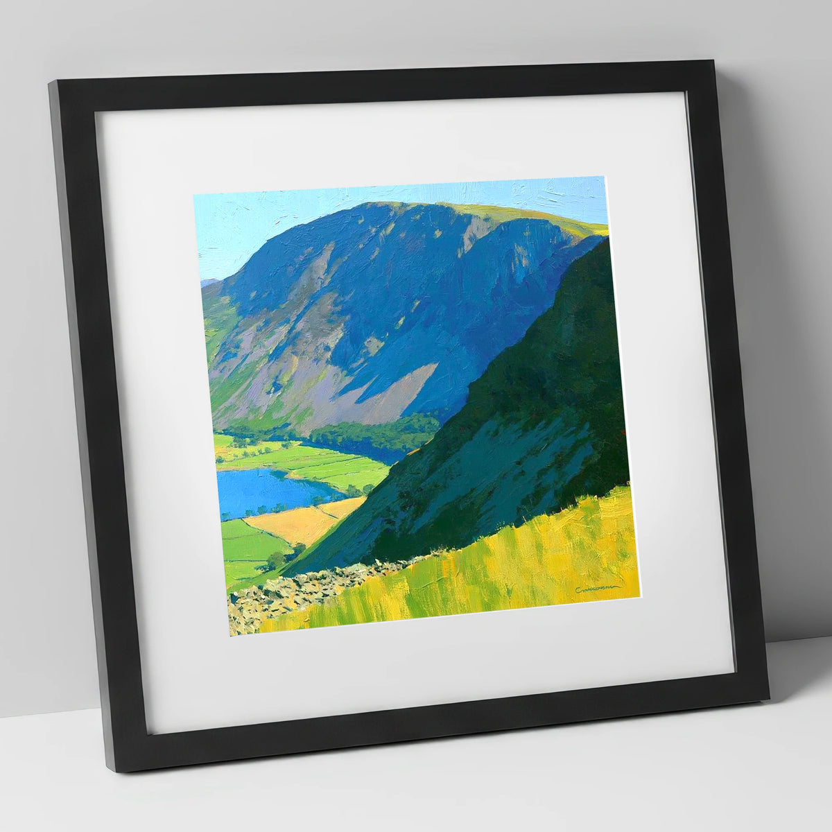 Blue Shadows on Robinson Fell lake district fell art print in black frame