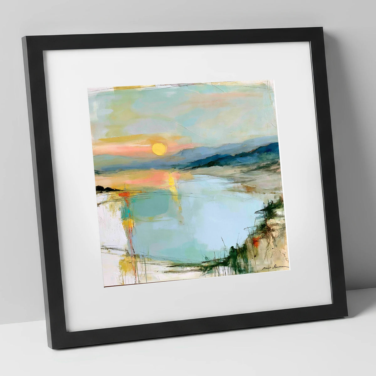 Lake Sunset in Peach and Mint lake district lake art print in black frame