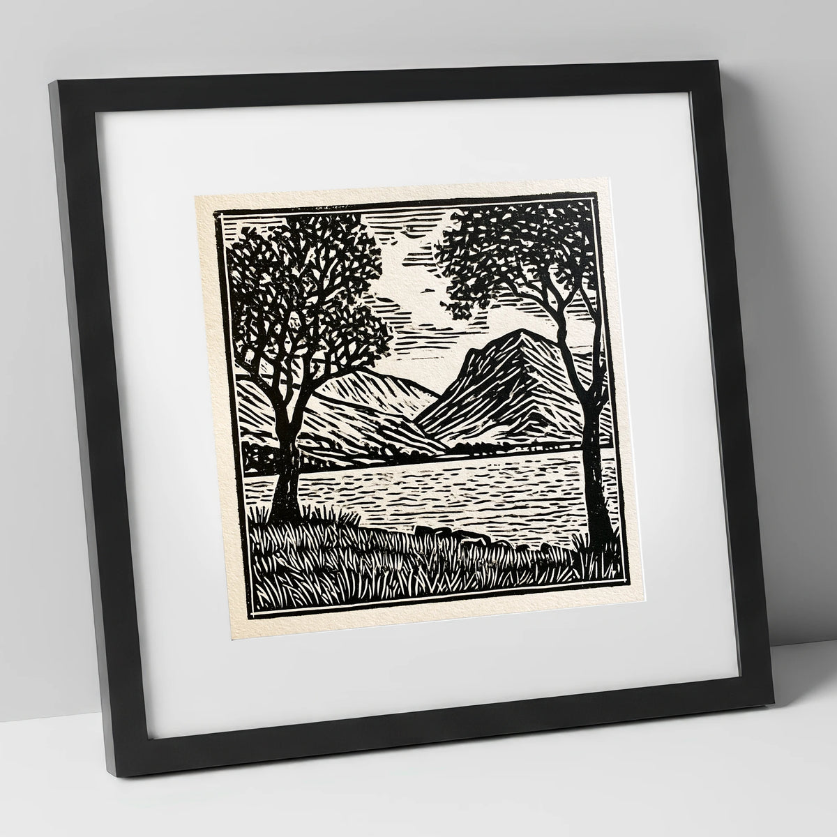 Monochrome Crummock Water Fells lake district lake art print in black frame