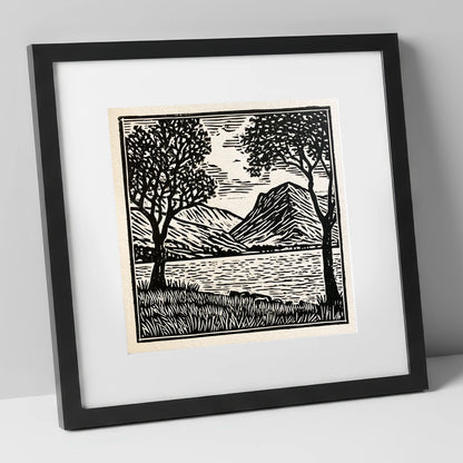 Monochrome Crummock Water Fells lake district lake art print in black frame