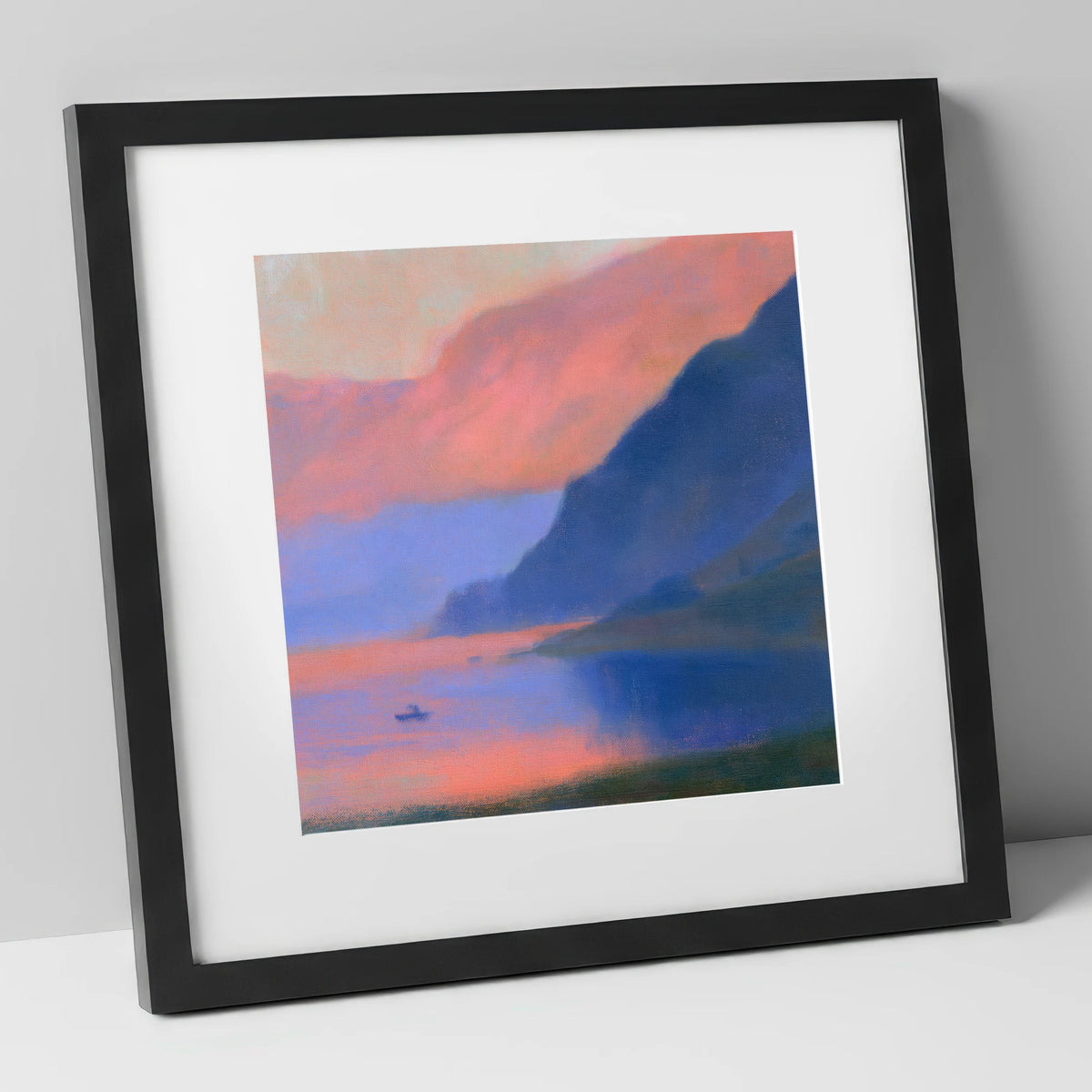 Indigo Fells at Pink Twilight lake district lake art print in black frame