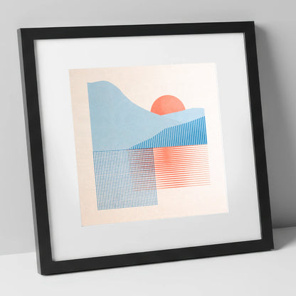Geometric Still Lake Dawn lake district lake art print in black frame