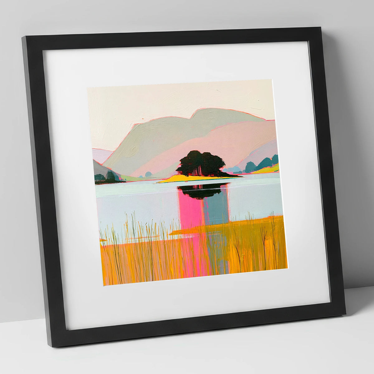 Vibrant Grasmere Island Reflections lake district lake art print in black frame