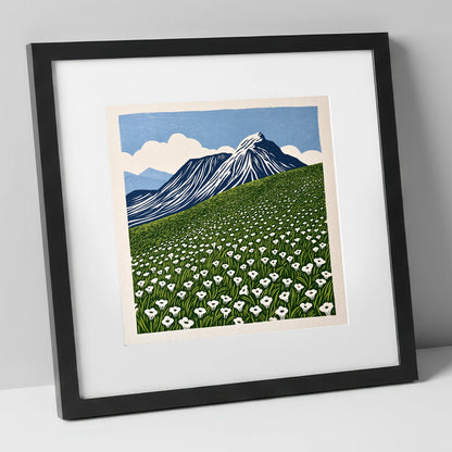 Blencathra and White Fellside Blooms lake district fell art print in black frame