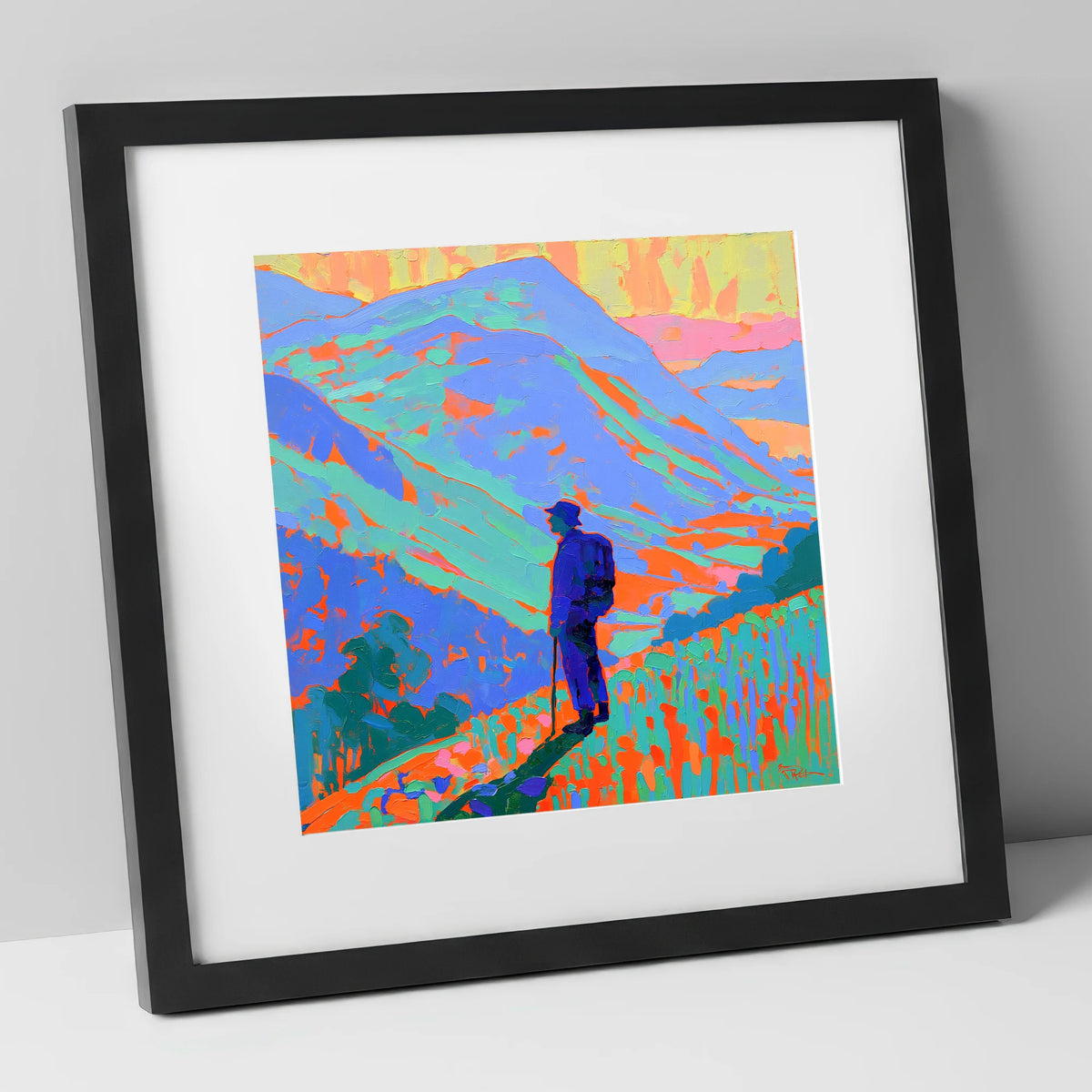 Vibrant Fell Walker Silhouette lake district walking art print in black frame