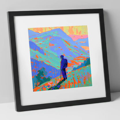 Vibrant Fell Walker Silhouette lake district walking art print in black frame