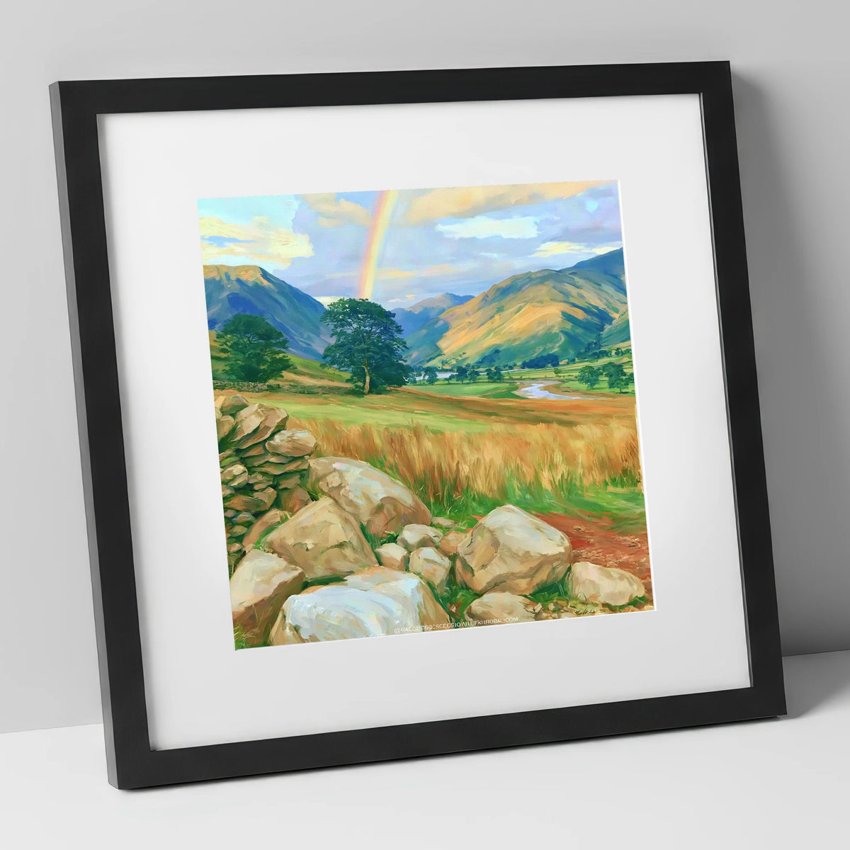 Rainbow Over a Sunlit Valley lake district sky art print in black frame