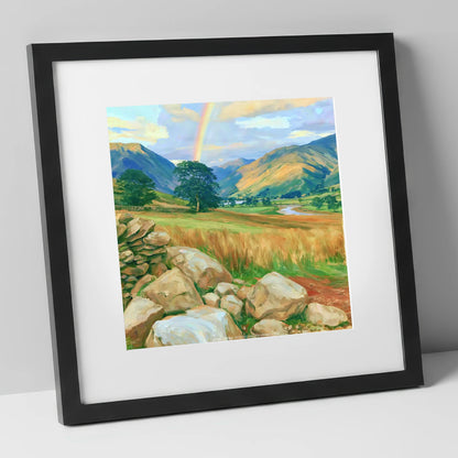 Rainbow Over a Sunlit Valley lake district sky art print in black frame