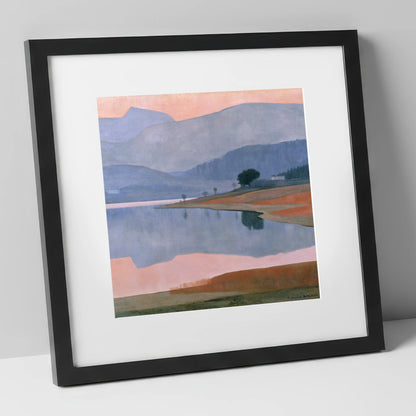 Lavender Fells and Still Lake lake district lake art print in black frame