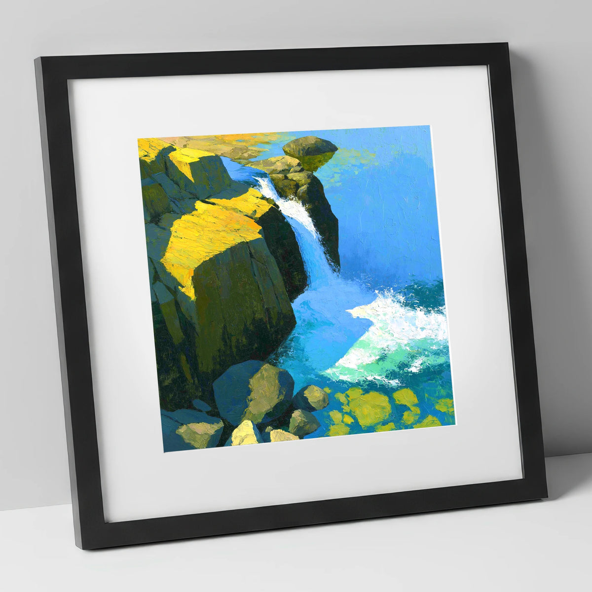 Sunlit Cascade over High Fell Rocks lake district waterfall art print in black frame