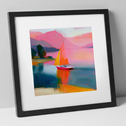 Vibrant Sailboat Beneath Pink Fells lake district walking art print in black frame