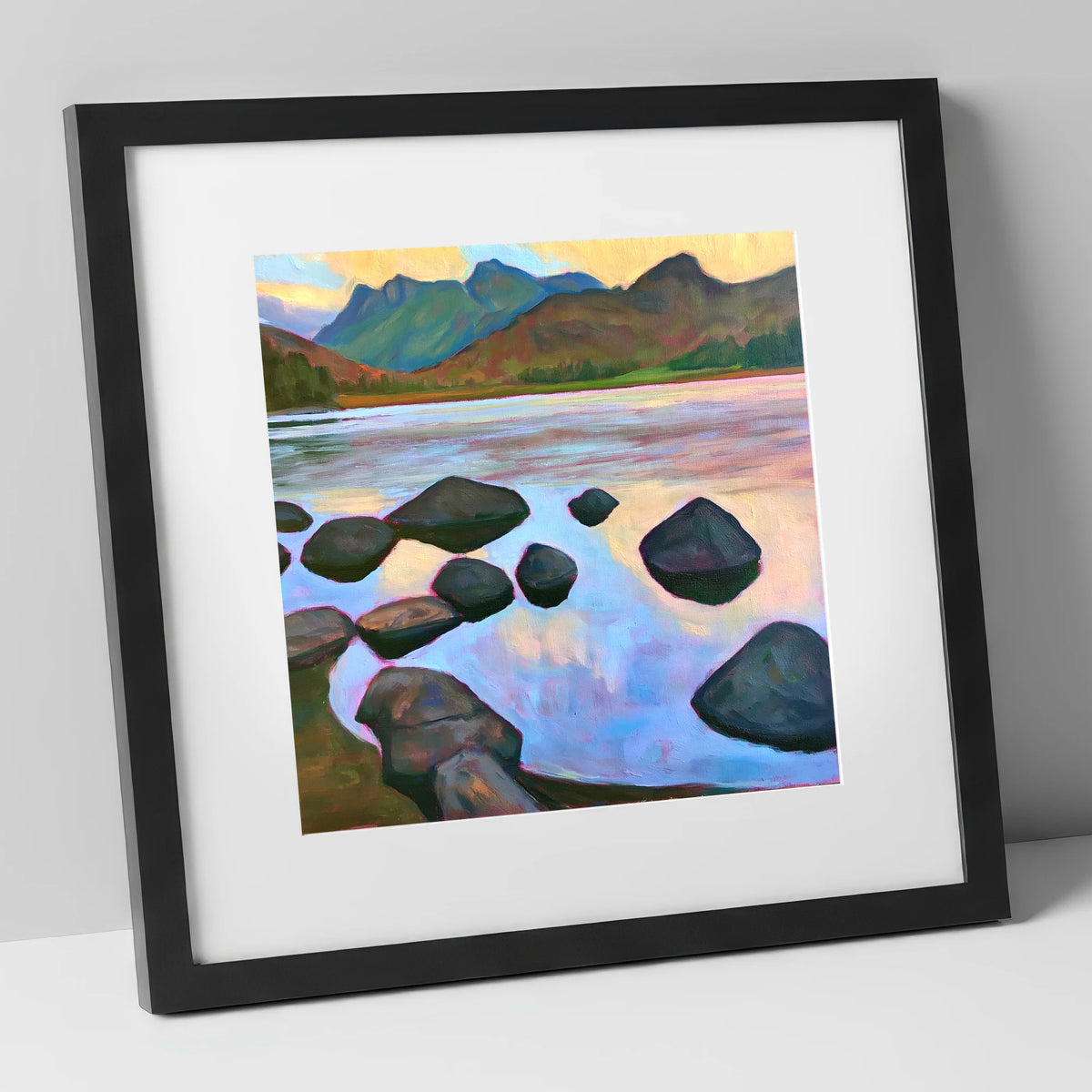 Elterwater Rocks at Sunset lake district lake art print in black frame
