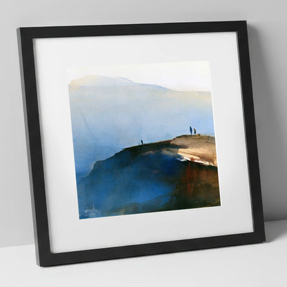 Indigo Fell Edge with Hikers lake district fell art print in black frame