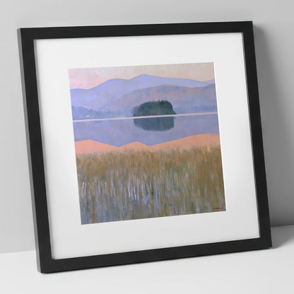 Grasmere Island and Pastel Fells lake district lake art print in black frame