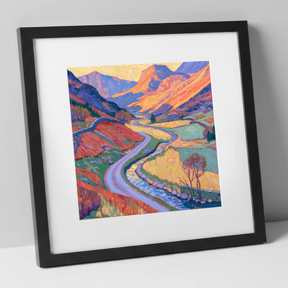 Winding Valley River in Radiant Amber lake district waterfall art print in black frame