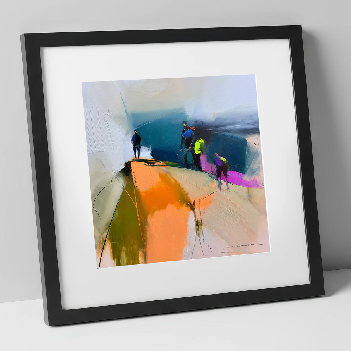 Vibrant Hikers on a Fell Top lake district fell art print in black frame