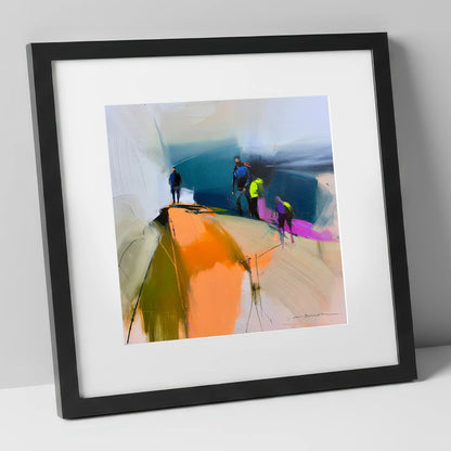Vibrant Hikers on a Fell Top lake district fell art print in black frame