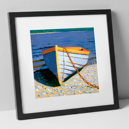 Blue Wooden Boat on Windermere lake district lake art print in black frame