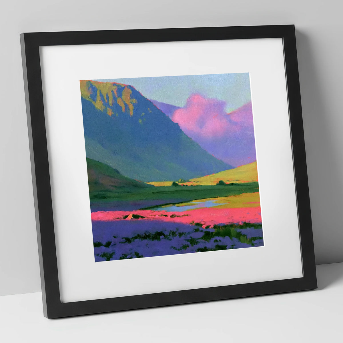 Dramatic Magenta Heather Fellside flowers & fellsides art print in black frame
