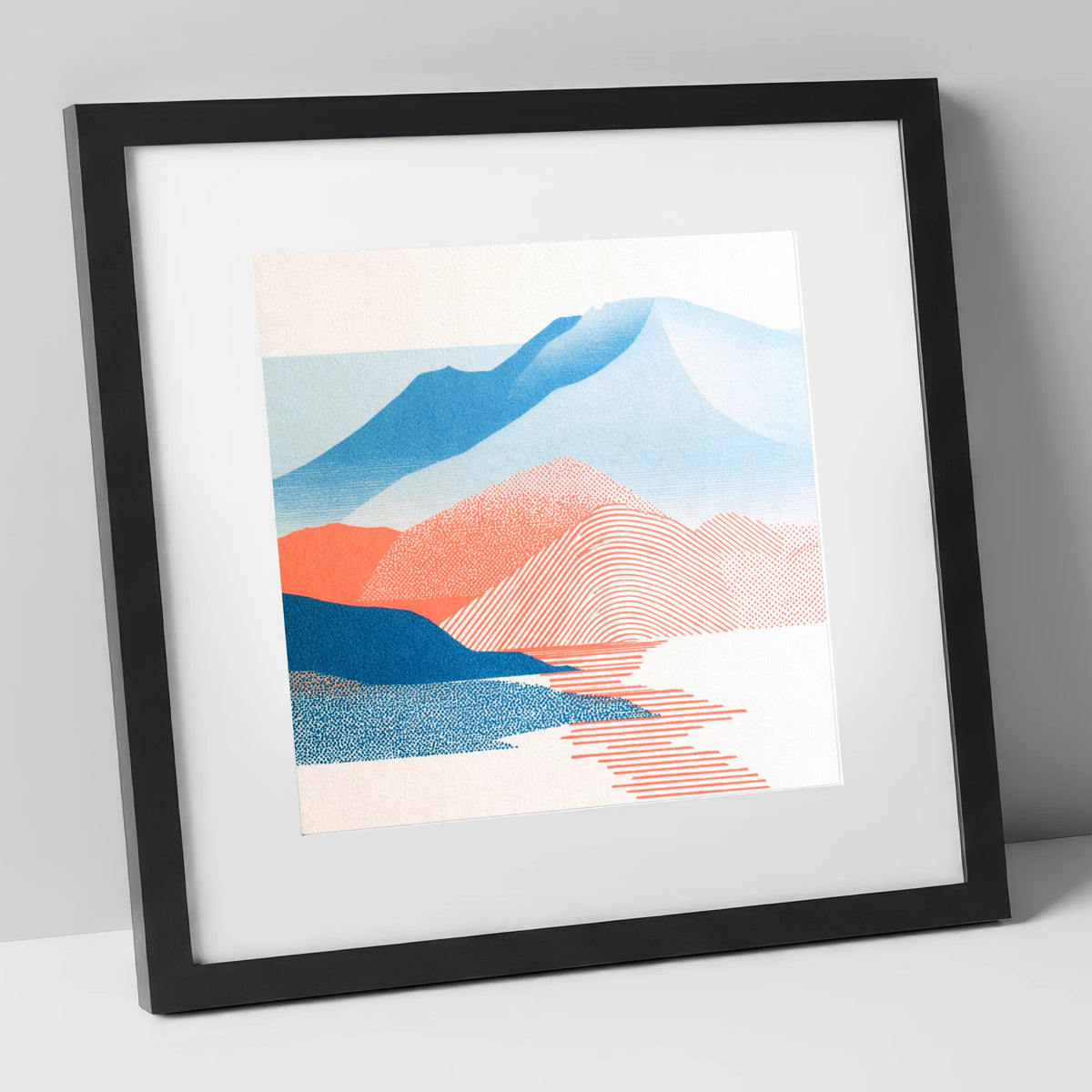Graphic Skiddaw in Coral and Blue lake district fell art print in black frame