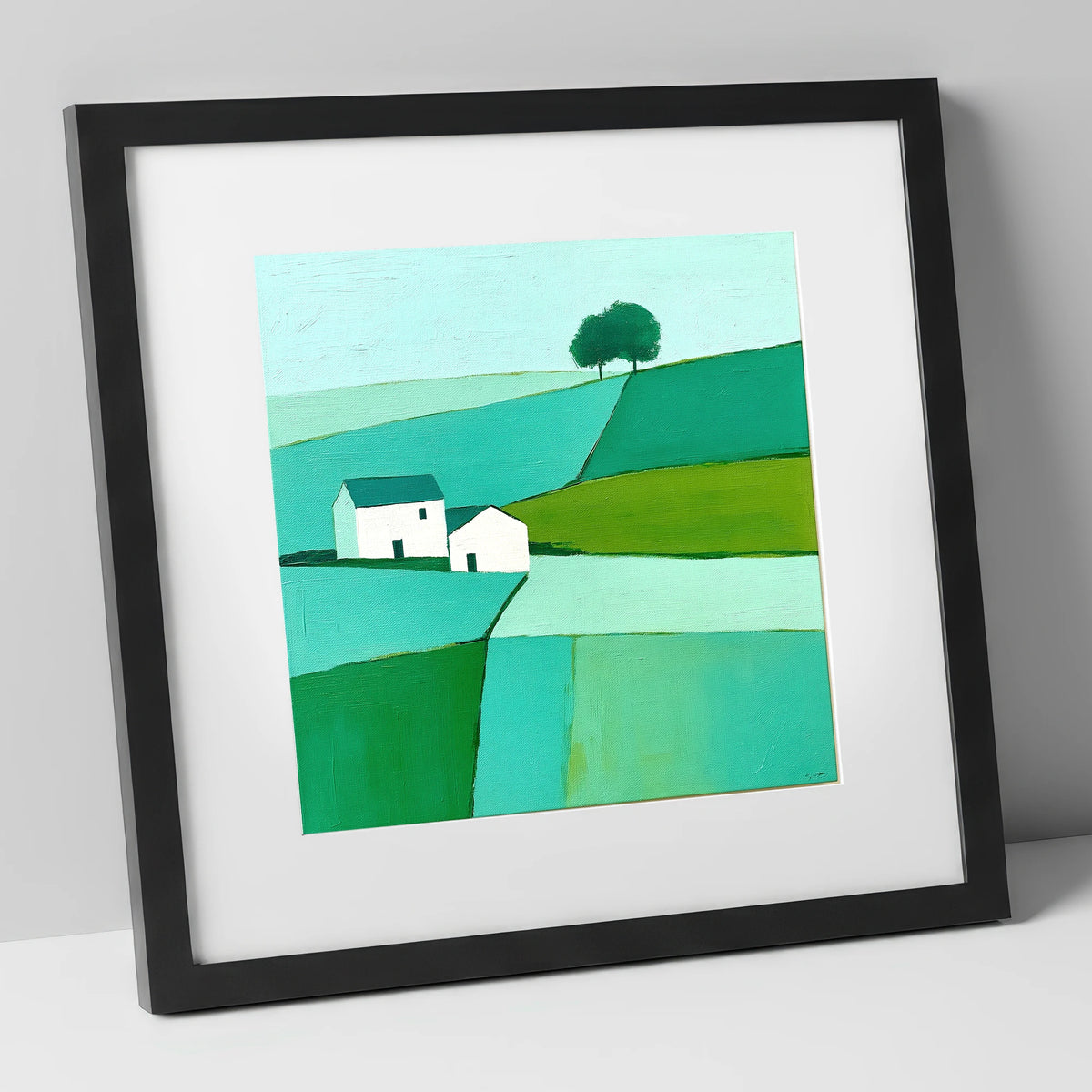 Near Sawrey Cottages In Bold Teal lake district village art print in black frame