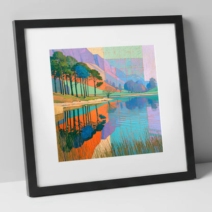 Bold Pine Tree Reflections lake district lake art print in black frame