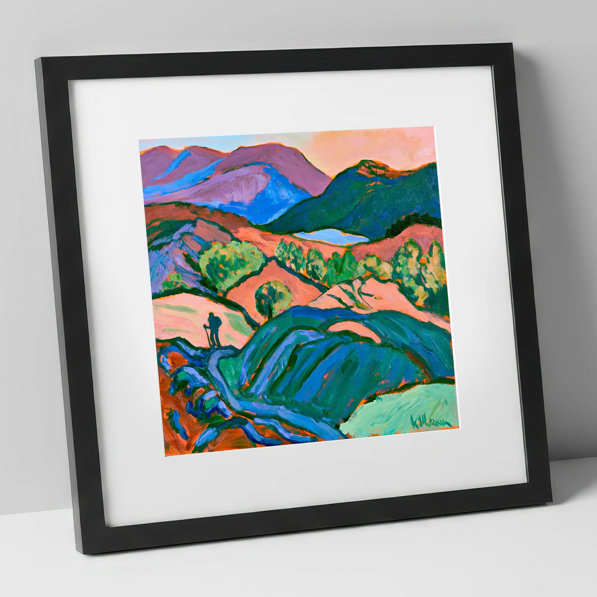 Hiker Silhouette in Vibrant Fells lake district walking art print in black frame