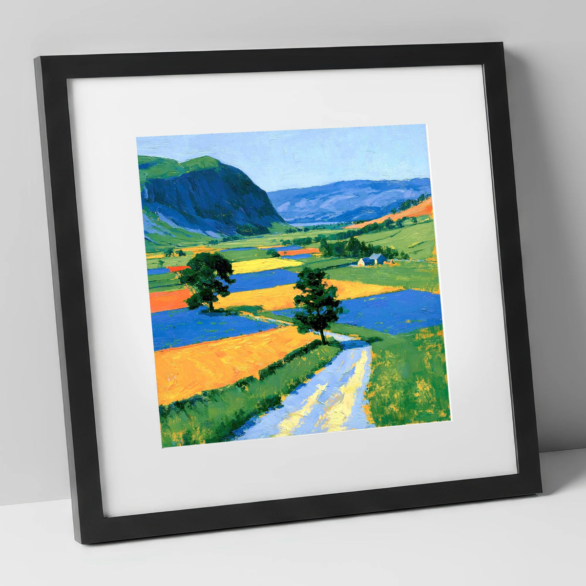 Bright Dale Patchwork Fields lake district valley art print in black frame