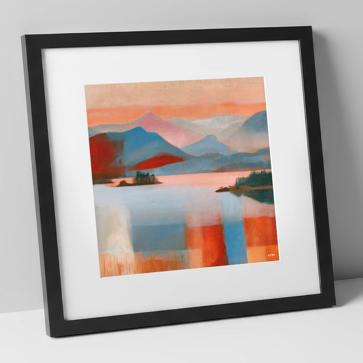 Abstract Derwentwater and Catbells Sunset lake district lake art print in black frame
