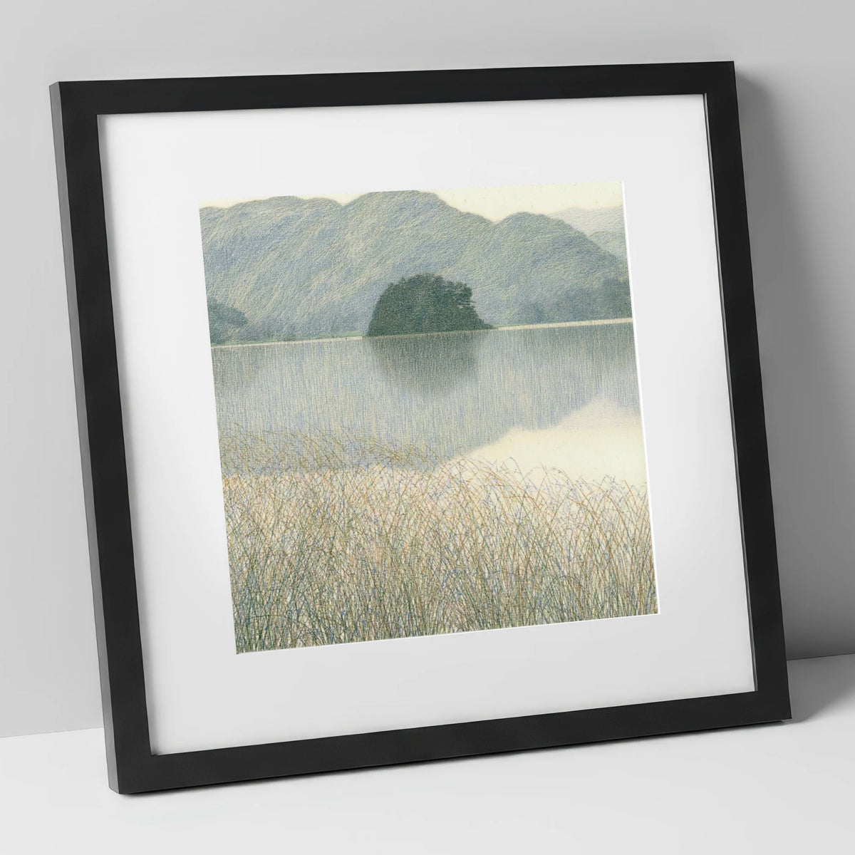 Grasmere Island Through Tall Grasses lake district lake art print in black frame