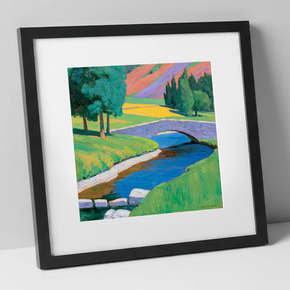 Stone Bridge and Purple Fells lake district waterfall art print in black frame