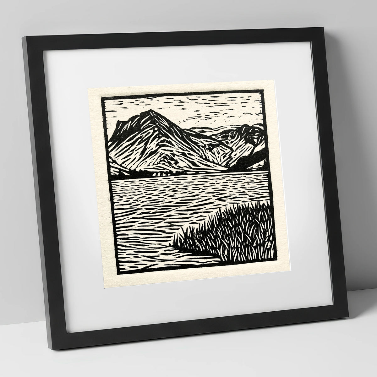 Monochrome Buttermere and Fells lake district lake art print in black frame