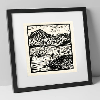 Monochrome Buttermere and Fells lake district lake art print in black frame