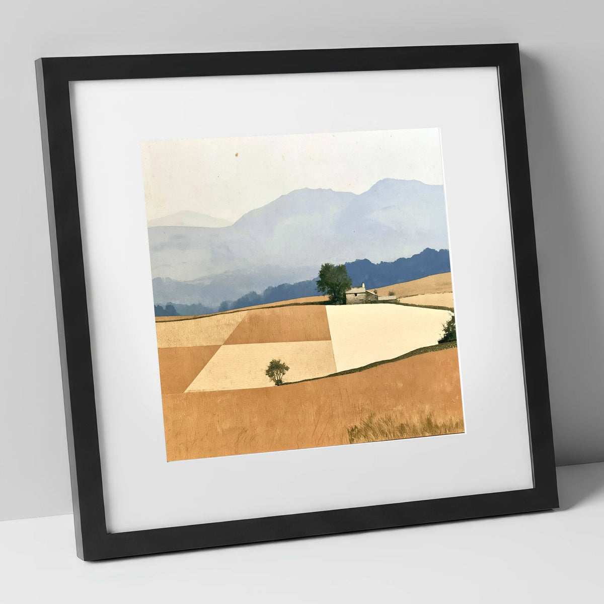 Stone Cottage in Harvest Gold Fells lake district valley art print in black frame