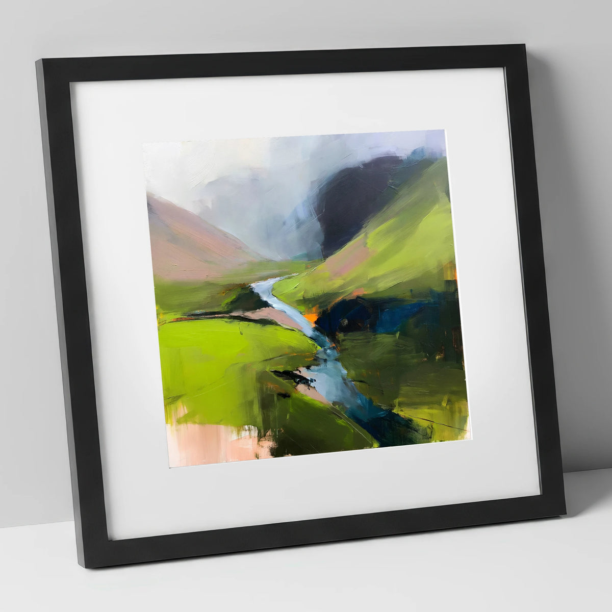 Winding River and Vibrant Fells lake district waterfall art print in black frame