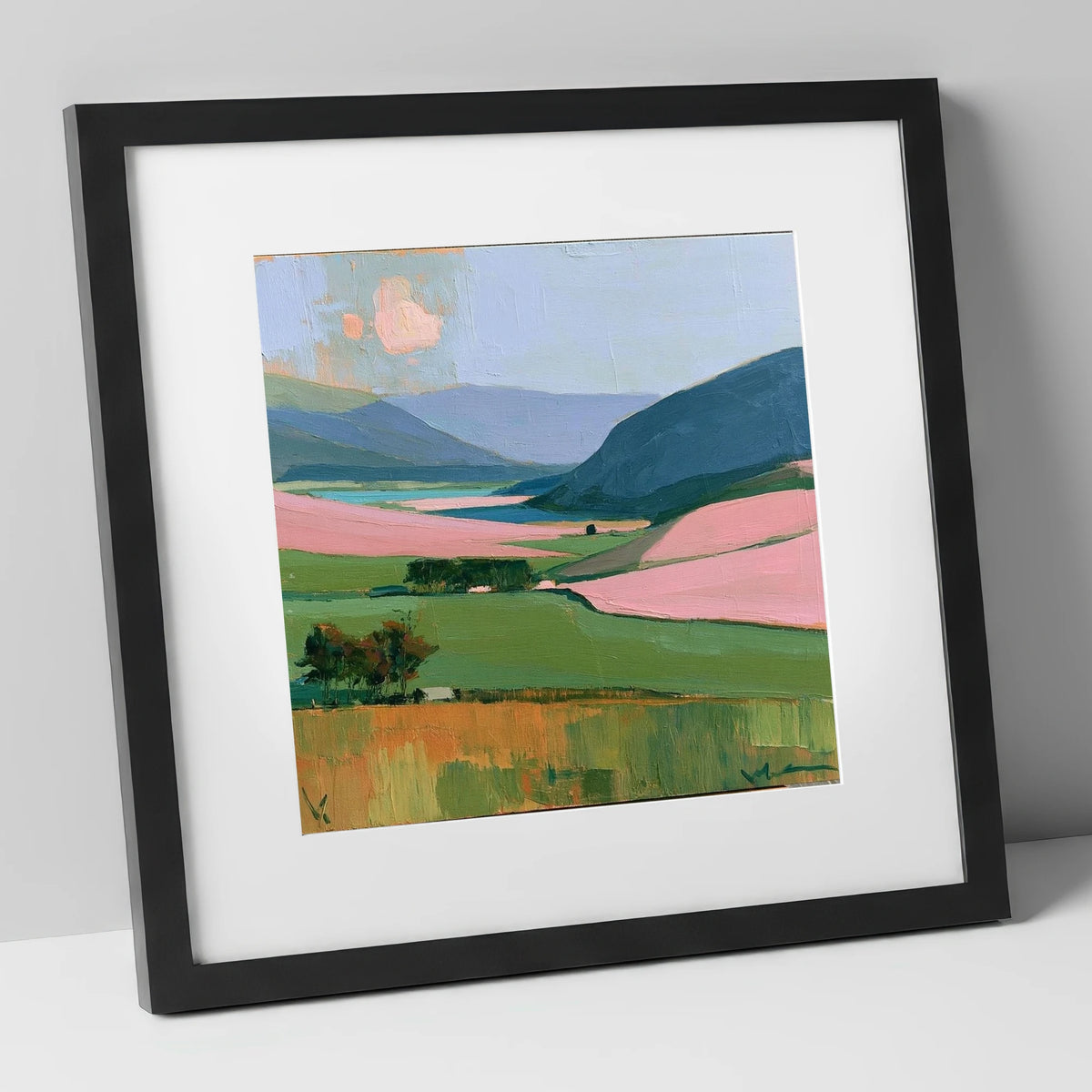 Vibrant Valley and Teal Fells lake district valley art print in black frame