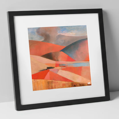 Cloudy Rolling Fells in Coral lake district fell art print in black frame