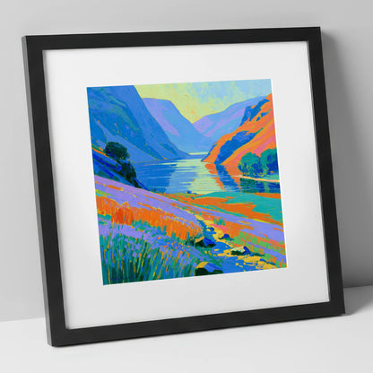 Vibrant Lake and Steep Fells lake district lake art print in black frame