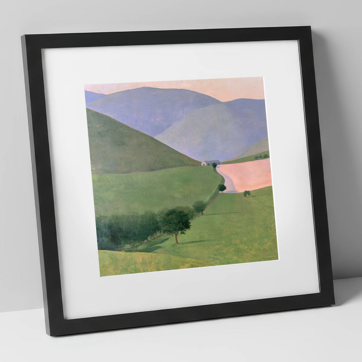 Lavender Fells Above Green Valley lake district valley art print in black frame