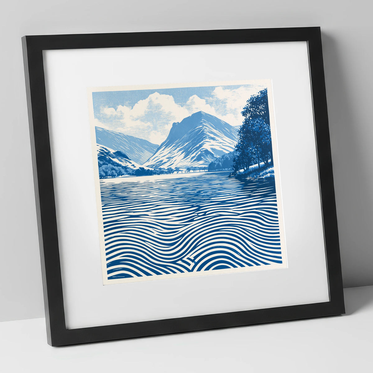 Buttermere in Cobalt Blue lake district lake art print in black frame