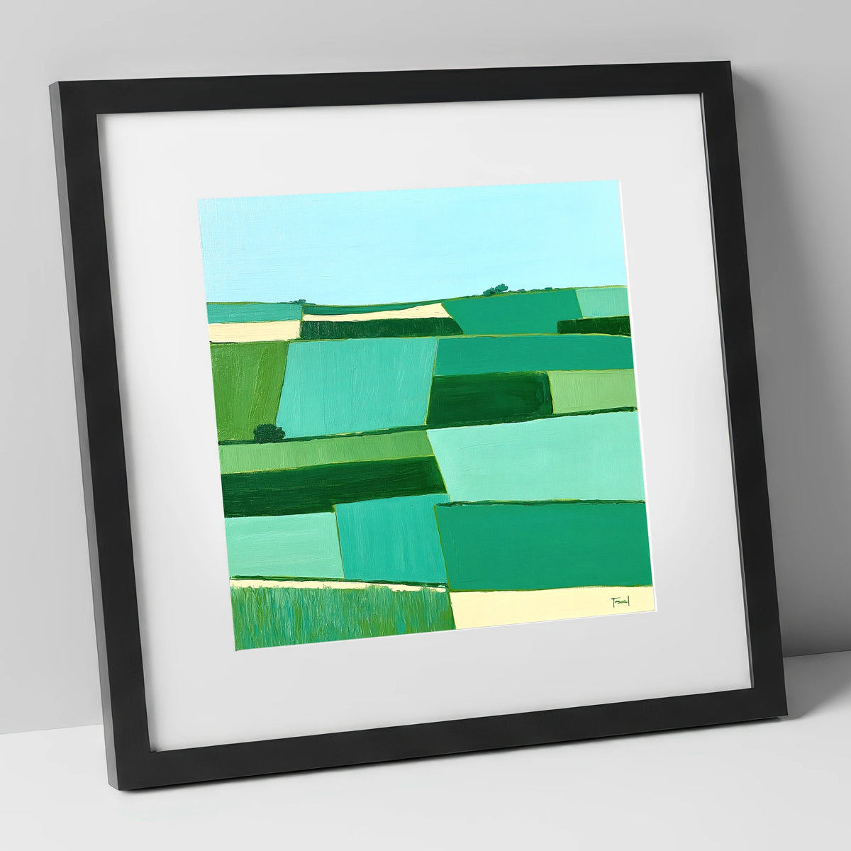 Green Patchwork Dale Fields lake district valley art print in black frame
