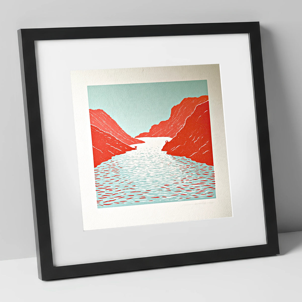 Bold Red Fells and Lake lake district lake art print in black frame