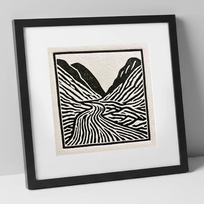 Monochrome Honister Pass Valley lake district valley art print in black frame
