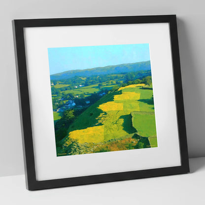 Sunlit Patchwork on Baystones Ridge lake district fell art print in black frame