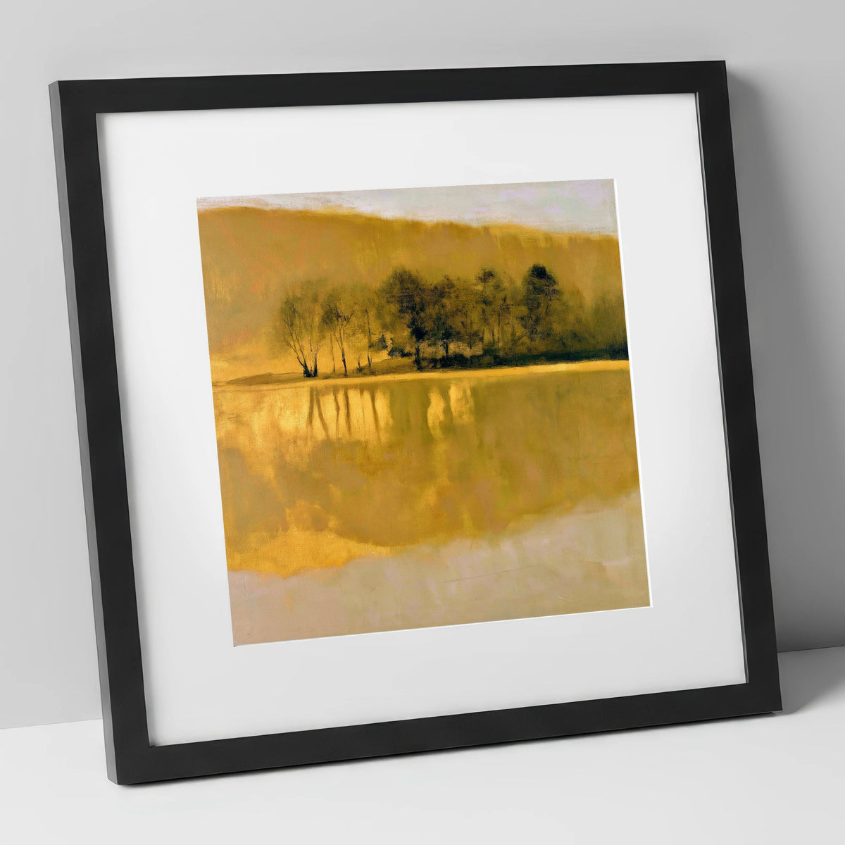 Dark Trees on Golden Lake lake district lake art print in black frame