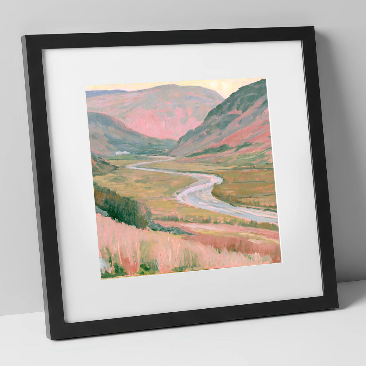 Winding River in Pastel Light lake district waterfall art print in black frame