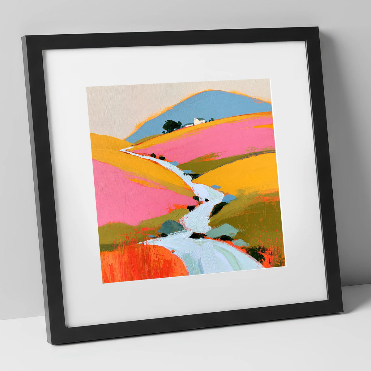 Colourful Fellside Beck and Cottage lake district waterfall art print in black frame